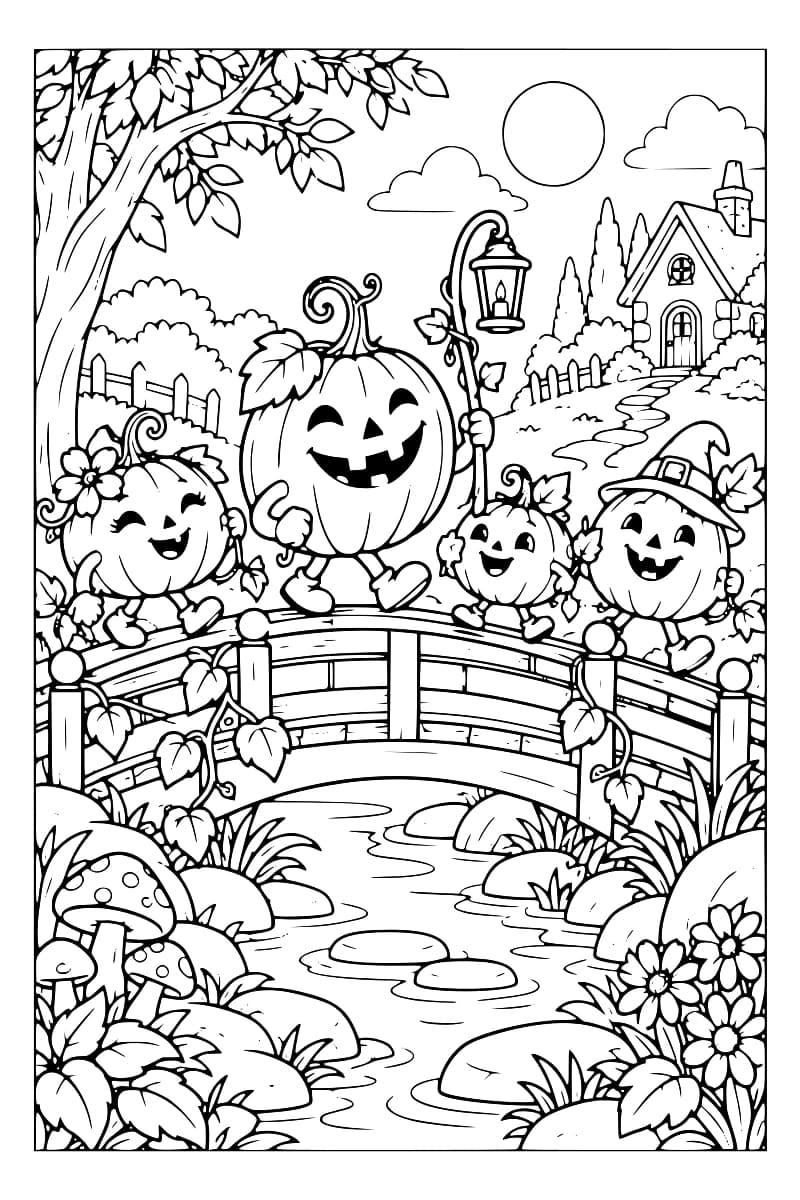 Illustration en noir et blanc de quatre citrouilles souriantes sur un pont en bois, dont une tient une lanterne, avec un ruisseau, des fleurs, des champignons et une maison en arrière-plan.