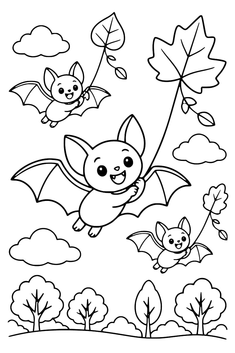 Dessin en noir et blanc de trois chauves-souris souriantes volant au-dessus d’un paysage avec des arbres, des nuages et de grandes feuilles au bout de fils.