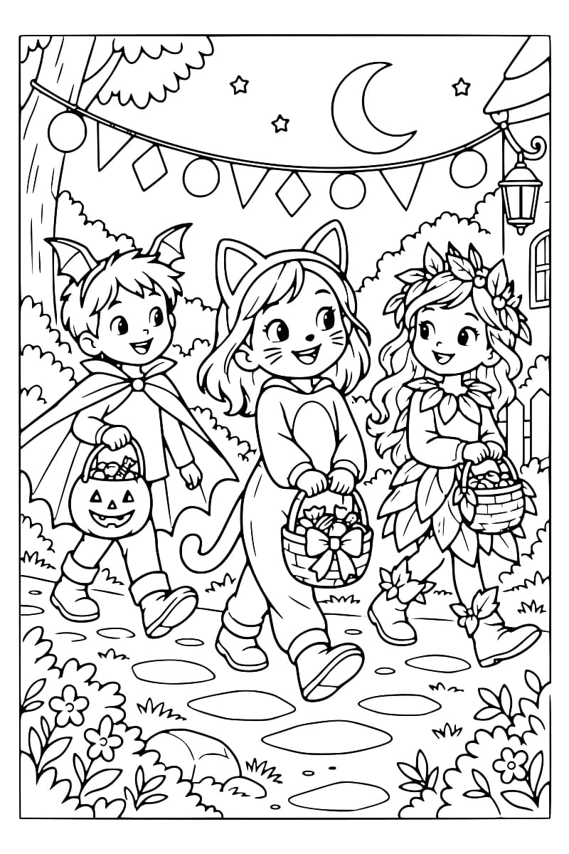 Dessin en noir et blanc de trois enfants costumés marchant sur un chemin fleuri dans un jardin décoré de fanions, avec un croissant de lune dans le ciel.