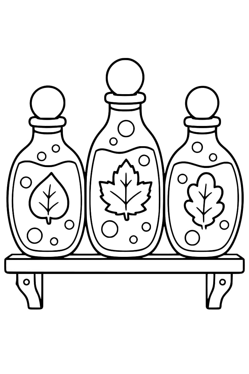 Dessin en noir et blanc de trois flacons de potion aux bouchons ronds, ornés de motifs de feuilles et de bulles, posés sur une étagère.