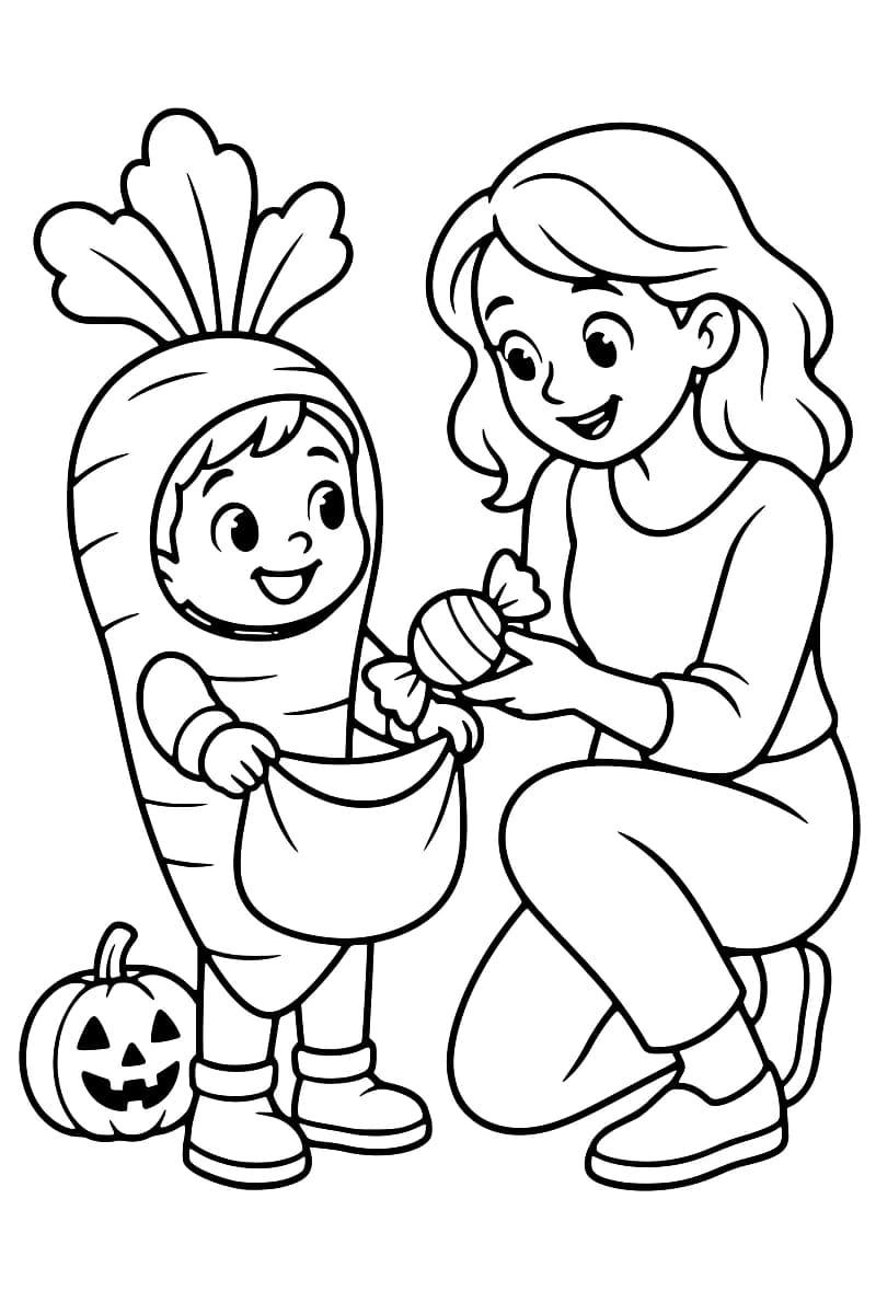 Dessin en noir et blanc d’un enfant en costume de carotte tenant un sac ouvert, face à une adulte agenouillée qui lui présente un gros bonbon emballé, avec une citrouille sculptée à leurs pieds.