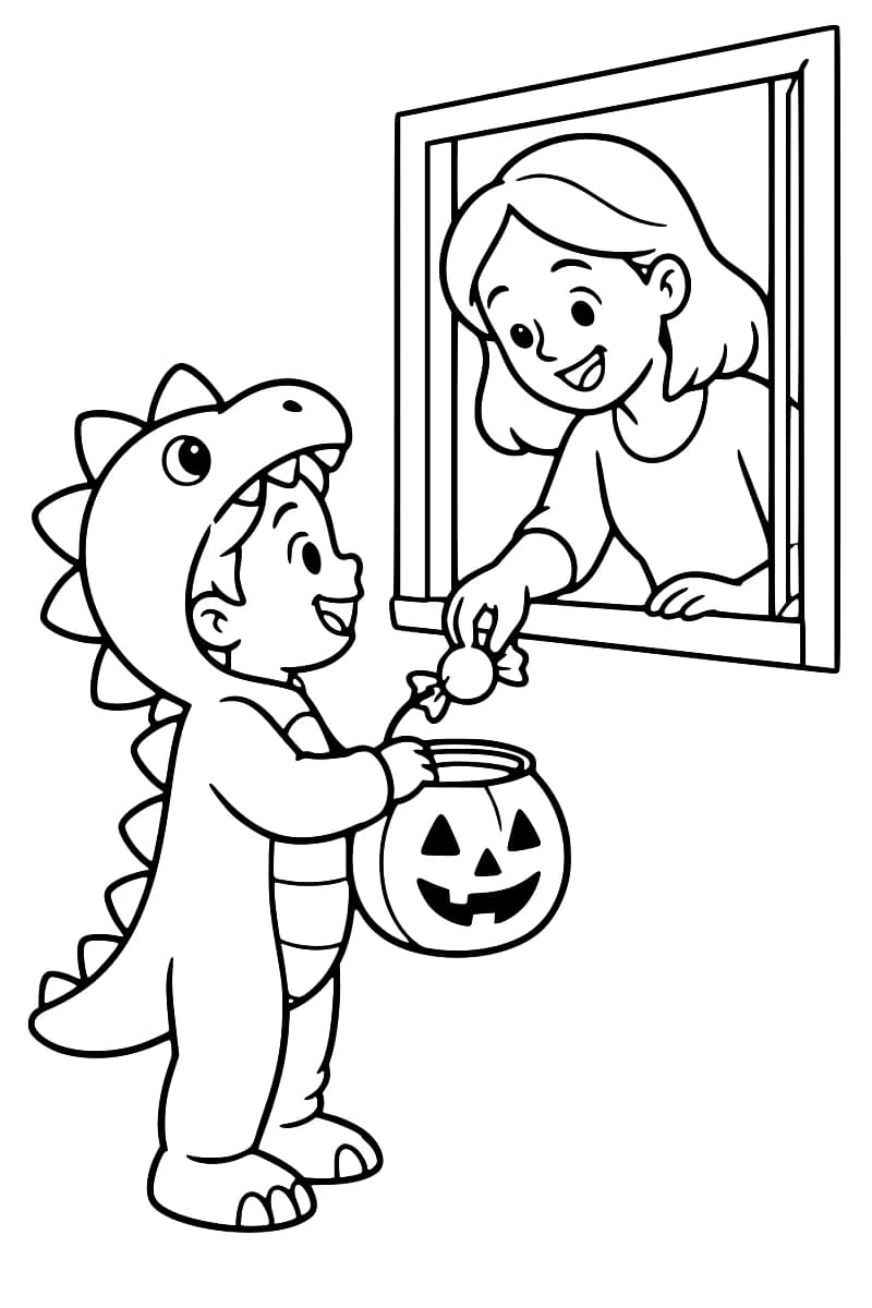 Dessin en noir et blanc d’un enfant souriant en costume de dinosaure, tenant un seau au visage de citrouille sous le bonbon qu’une femme lui tend par une fenêtre ouverte.