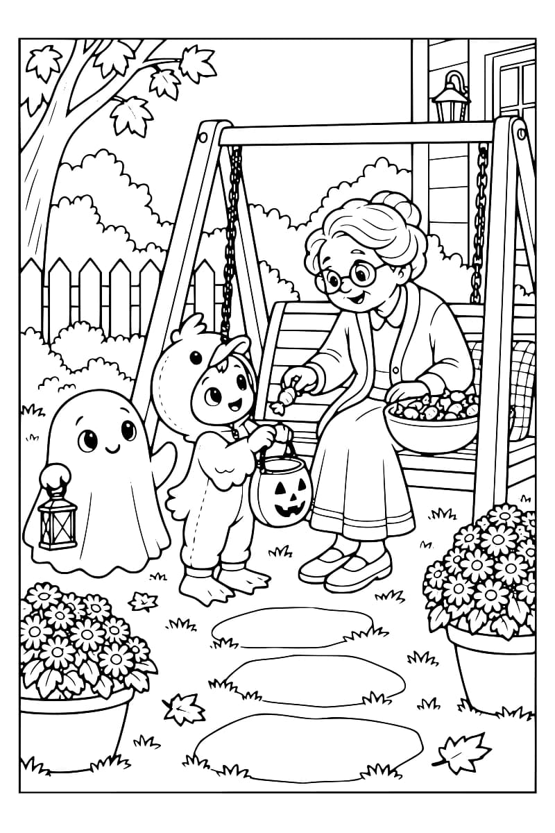Dessin à colorier d’une femme à lunettes assise sur une balancelle, un saladier de bonbons à côté d’elle, tendant une friandise à un enfant en costume d’oiseau qui porte un seau en forme de citrouille. Un petit fantôme tient une lanterne près de l’enfant, dans un jardin bordé de fleurs et d’une clôture.