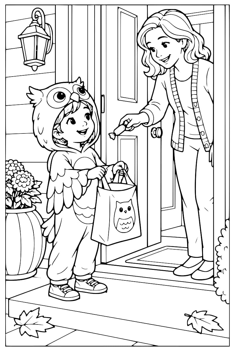 Enfant en costume de hibou recevant un bonbon d’un adulte devant une porte ouverte.