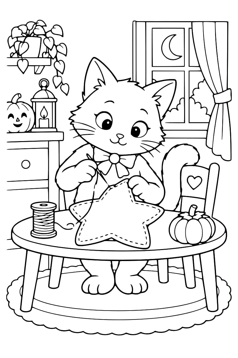 Dessin au trait d’un chat assis devant une table, une aiguille à la patte, cousant un coussin étoilé près d’une bobine de fil et d’une citrouille. Une plante retombante, une lanterne, une citrouille souriante et une fenêtre à rideau laissant voir un croissant de lune complètent le décor.