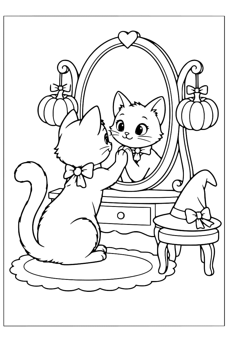 Dessin au trait noir sur fond blanc d’un chat portant un nœud au cou, une patte contre un miroir ovale surmonté d’un cœur. Deux citrouilles sont suspendues de chaque côté du miroir et un chapeau de sorcière à nœud repose sur un tabouret.