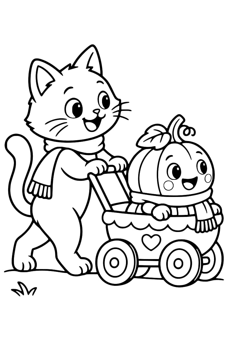 Dessin au trait noir sur fond blanc d’un chat souriant poussant un landau à grandes roues avec un cœur sur le côté. Une citrouille avec un visage, une feuille et une tige est assise à bord. Les deux personnages portent une écharpe.