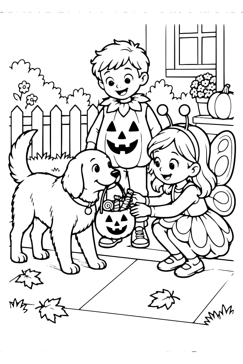 Dessin à colorier montrant un chien tenant un seau en forme de citrouille rempli de friandises, une enfant en costume de papillon accroupie près du seau et un enfant déguisé en citrouille debout derrière eux, devant une maison décorée d’une citrouille.