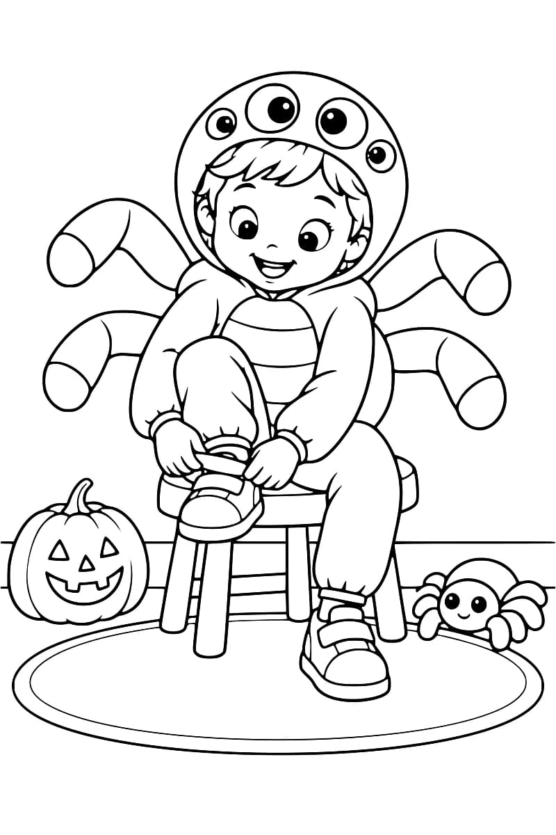 Dessin en noir et blanc d’un enfant souriant en costume d’araignée, assis sur un tabouret et fermant sa chaussure, avec une citrouille sculptée à gauche et une petite araignée à droite.