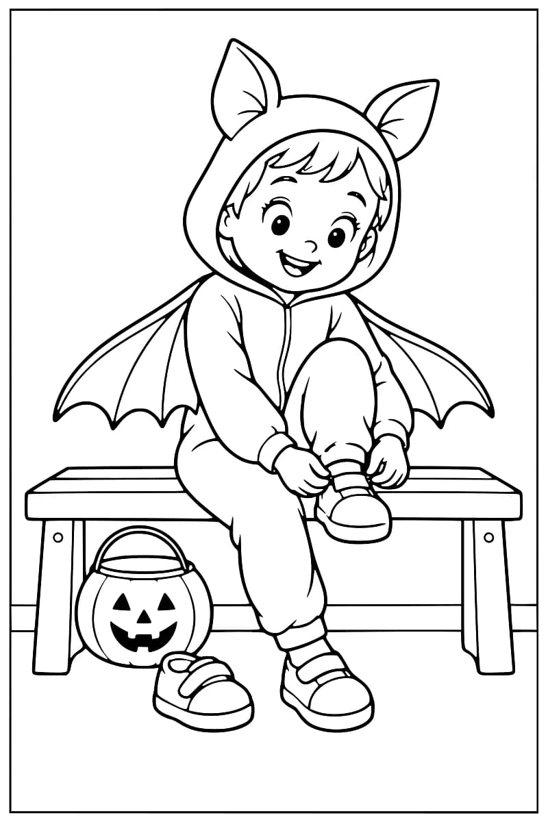 Dessin en noir et blanc d’un enfant souriant, assis sur un banc, portant une combinaison à capuche avec de grandes oreilles et des ailes de chauve-souris, les mains sur sa chaussure relevée ; un seau citrouille et une chaussure sont posés au sol.