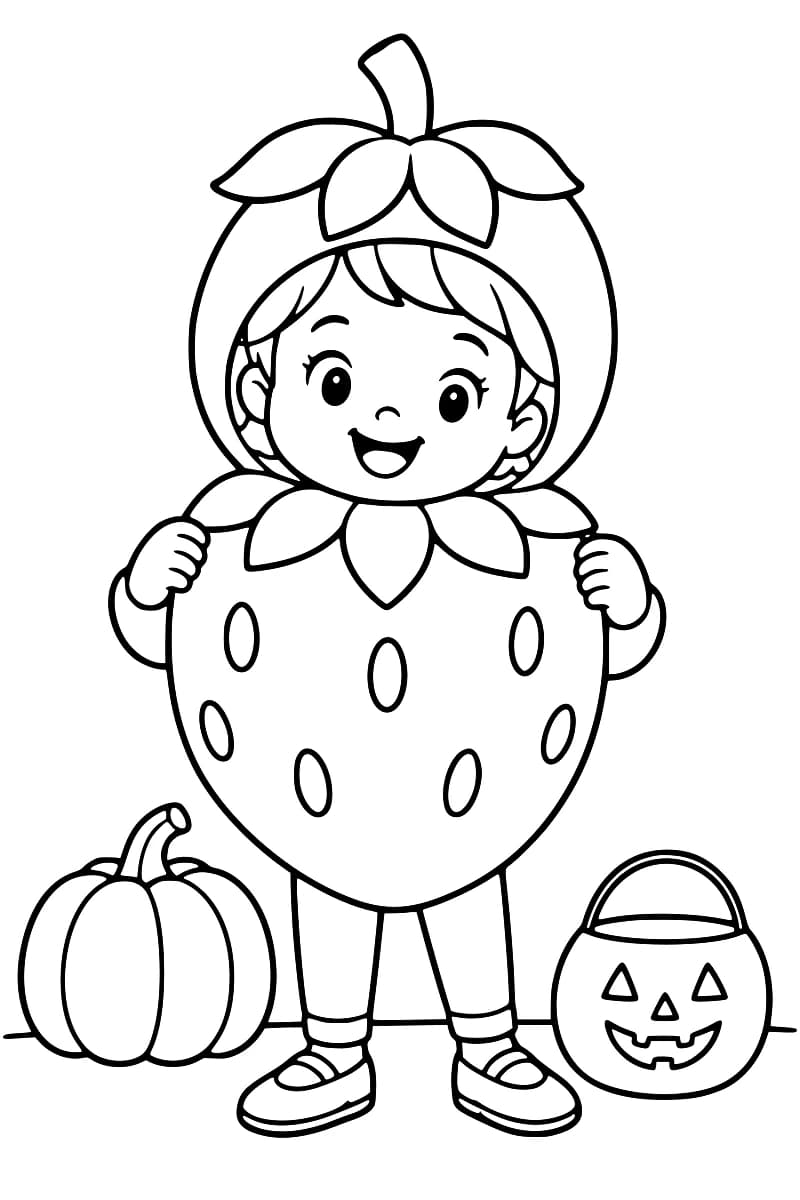 Dessin en noir et blanc d’un enfant souriant en costume de fraise, avec une capuche à feuilles et à tige, une collerette de feuilles et des chaussures à brides. Une citrouille est posée à gauche et un seau en forme de citrouille grimaçante à droite.