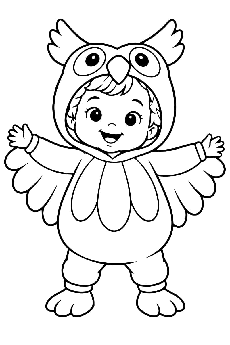 Dessin en noir et blanc d’un enfant souriant, debout et les bras écartés, portant un costume de hibou avec une capuche à grands yeux et à bec, des ailes à plumes et des chaussons en forme de pattes.