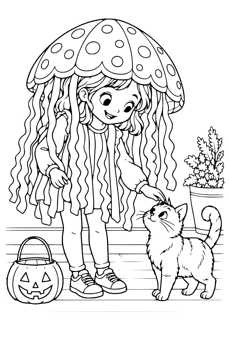 Dessin au trait d’un enfant portant un grand chapeau de méduse à pois et de longs rubans ondulés, caressant la tête d’un chat debout à ses côtés ; un seau citrouille et une plante en pot complètent la scène.