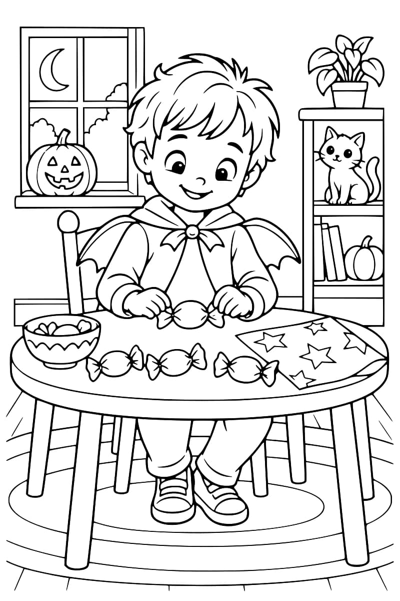 Dessin en noir et blanc d’un enfant en cape à ailes de chauve-souris, assis à une table avec des bonbons emballés, un bol et du papier à étoiles. Une citrouille sculptée est posée devant la fenêtre, où apparaît un croissant de lune, et un chat est assis sur une étagère.