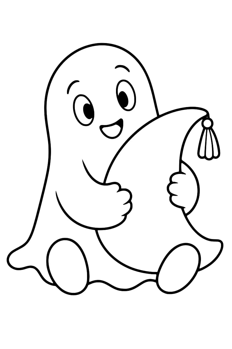 Dessin en noir et blanc d’un fantôme assis tenant un grand parapluie décoré d’un pompon.