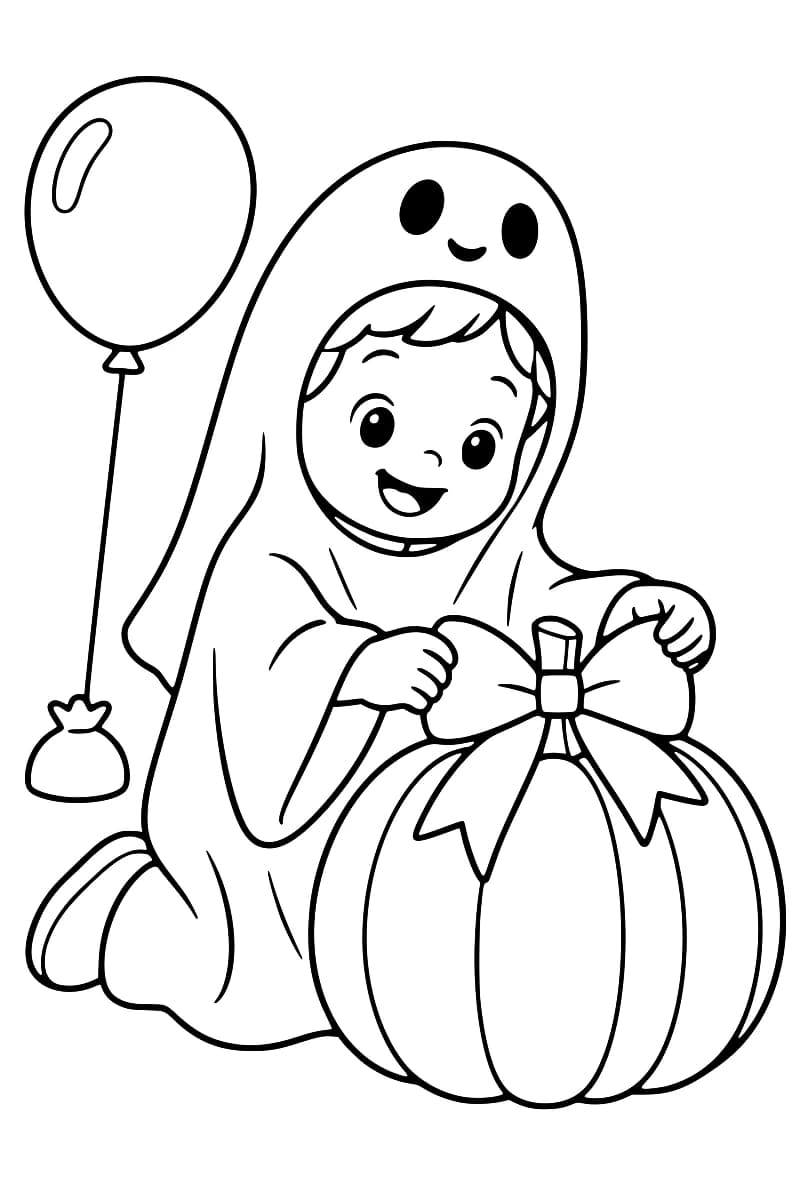 Dessin en noir et blanc d’un enfant souriant, agenouillé dans un costume de fantôme, les mains sur un grand nœud ornant une grosse citrouille, avec un ballon à gauche.