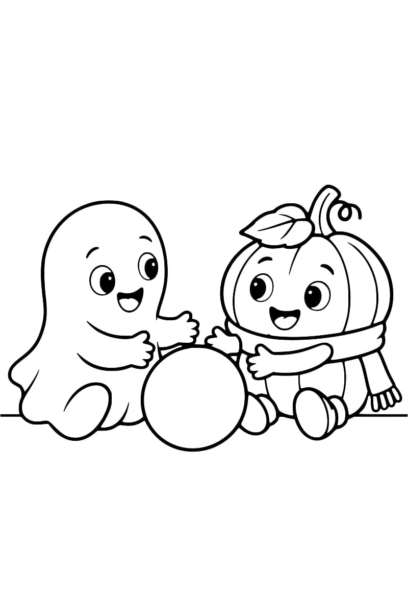 Dessin en noir et blanc d’un fantôme souriant à gauche et d’une citrouille souriante à droite, avec un gros ballon entre eux ; la citrouille porte une écharpe et une feuille près de sa tige.