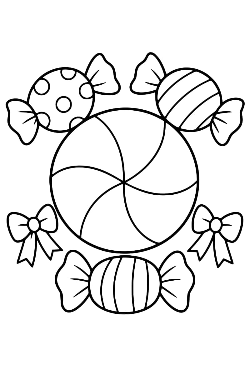 Dessin en noir et blanc montrant un grand bonbon rond divisé en six parties, entouré de trois bonbons emballés et de deux nœuds.