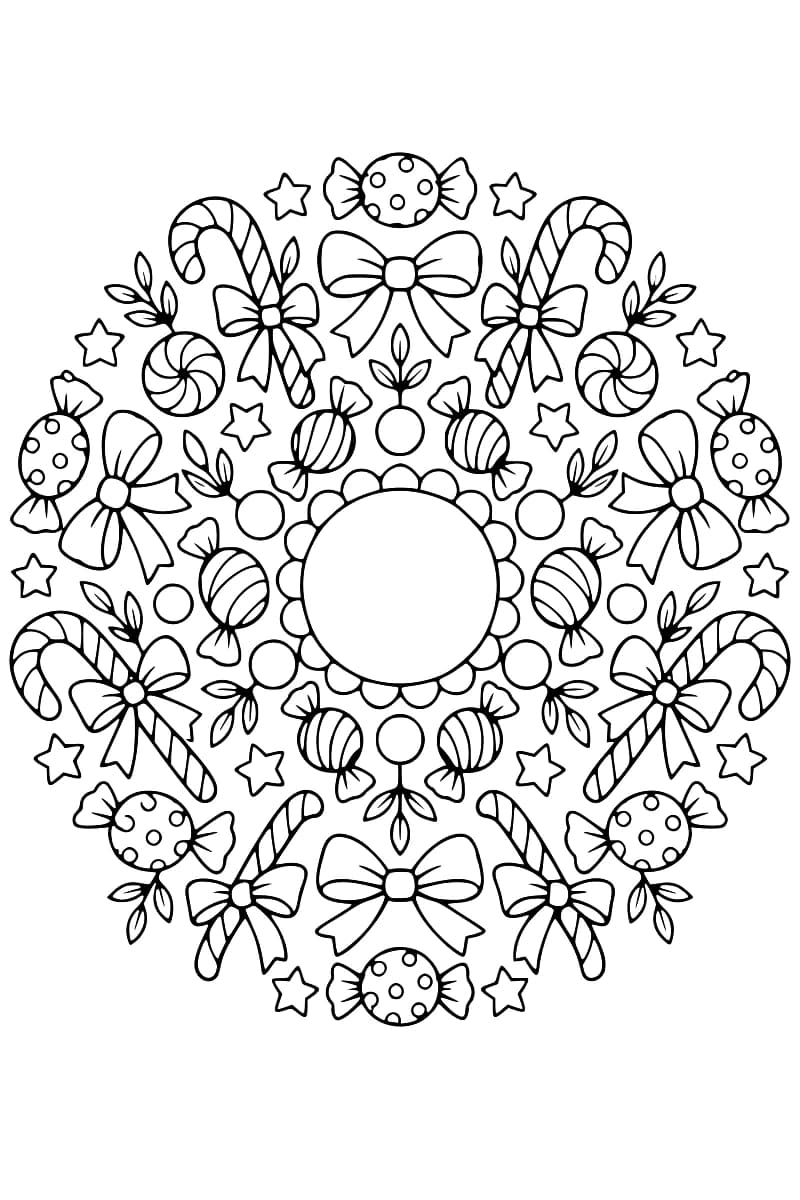 Motif circulaire en noir et blanc composé de bonbons, de sucres d’orge, de nœuds, d’étoiles et de feuilles autour d’un cercle central.