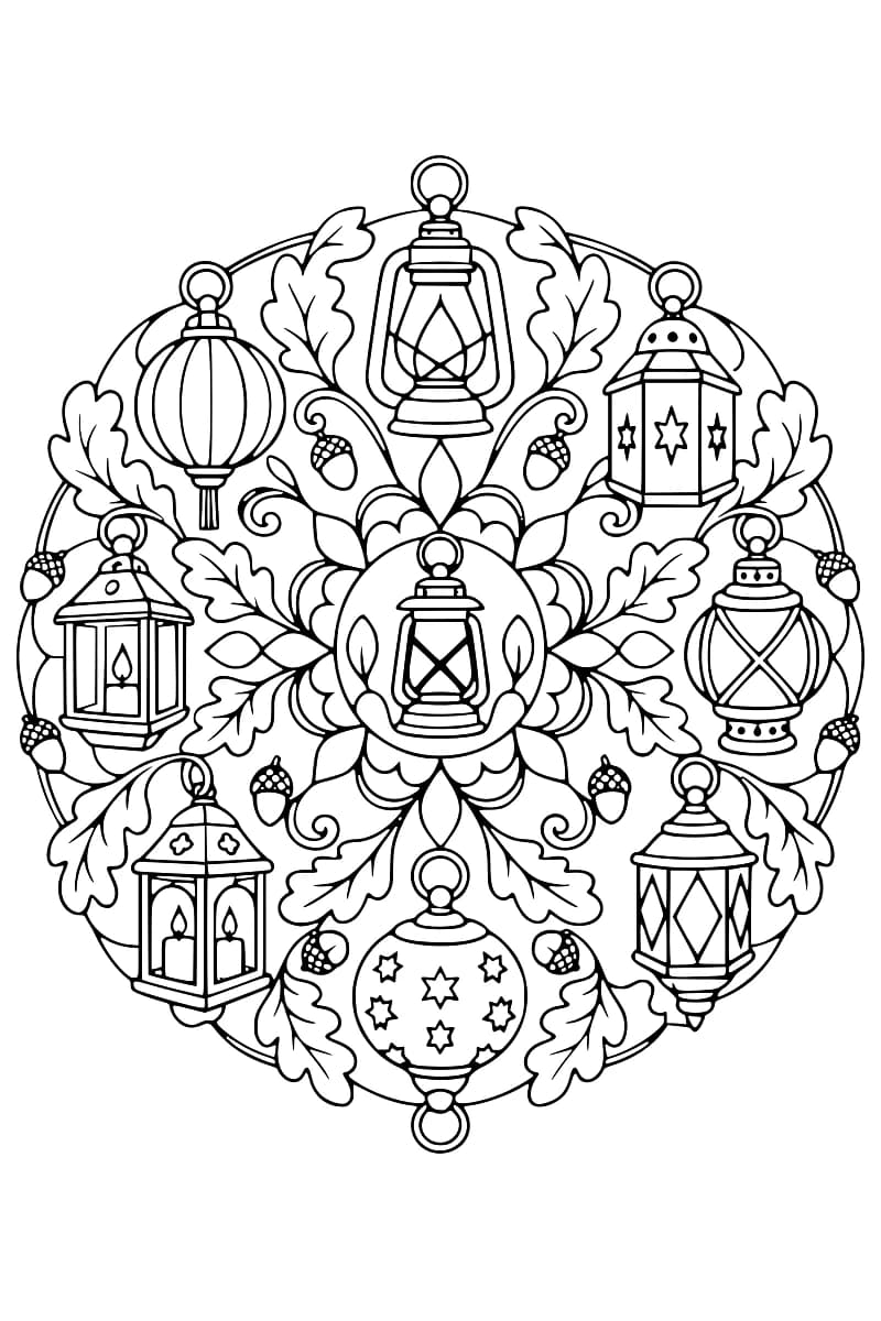 Dessin en noir et blanc représentant huit lanternes disposées en cercle autour d’une lanterne centrale, au milieu de feuilles et de glands.