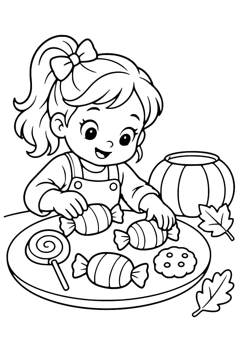 Dessin en noir et blanc d’une enfant arrangeant des bonbons emballés sur une assiette, avec une sucette, un biscuit et un bol-citrouille.