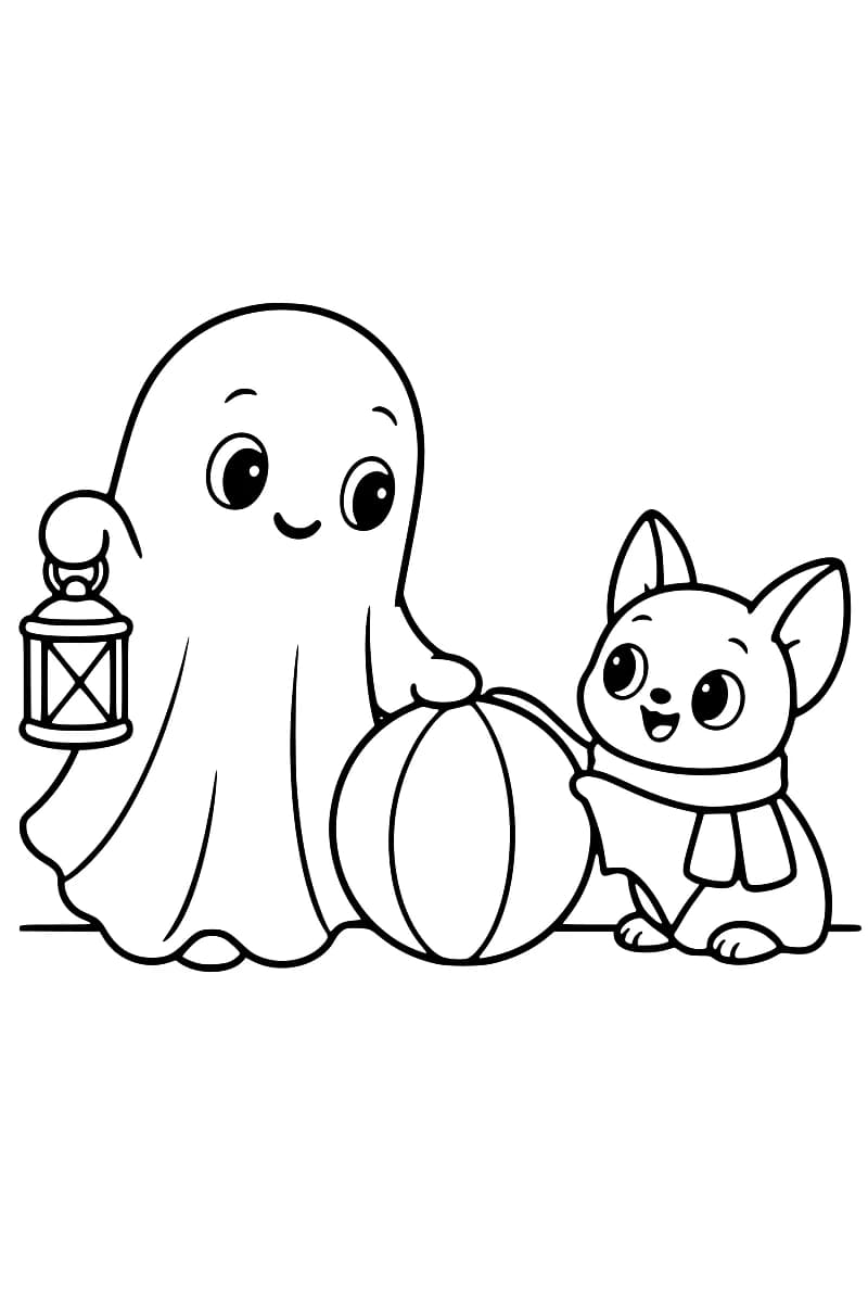Dessin en noir et blanc d’un fantôme souriant à gauche, tenant une lanterne et posant une main sur un grand ballon, à côté d’une petite chauve-souris assise portant une écharpe.