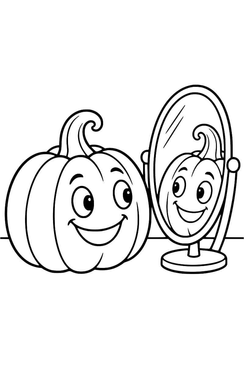 Dessin en noir et blanc d’une citrouille aux grands yeux et à la tige recourbée, avec son visage souriant reflété dans un miroir ovale à droite.