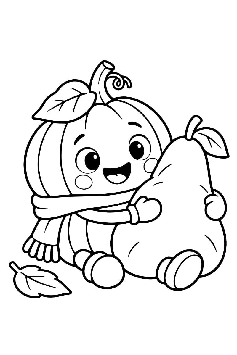 Dessin en noir et blanc d’une citrouille assise, avec une feuille près de sa tige et une écharpe à franges, qui enlace une grande poire munie d’une tige et d’une feuille ; une autre feuille repose au sol.