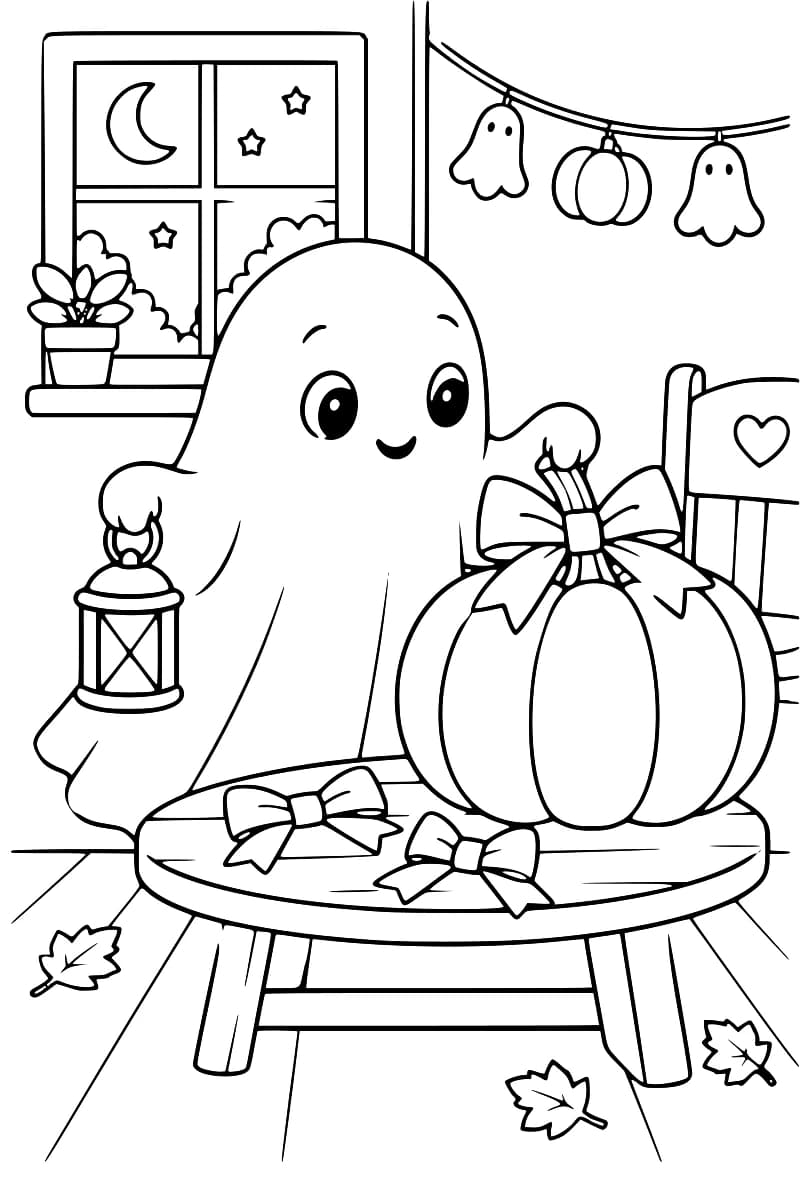 Dessin à colorier d’un fantôme souriant tenant une lanterne et la tige d’une grosse citrouille ornée d’un nœud. Deux nœuds sont posés sur la table, tandis qu’une guirlande de fantômes et de citrouille décore la pièce.