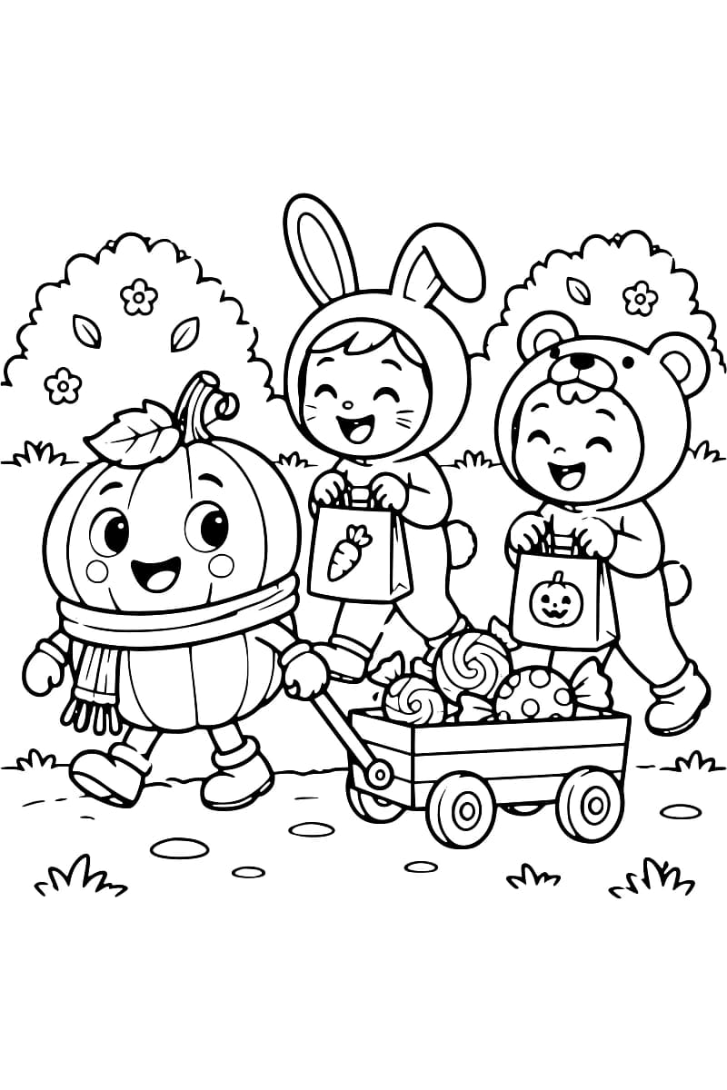 Dessin en noir et blanc d’une citrouille avec une écharpe tirant un petit chariot chargé de sucettes et de bonbons emballés, devant deux enfants souriants en costumes de lapin et d’ours, chacun tenant un sac.