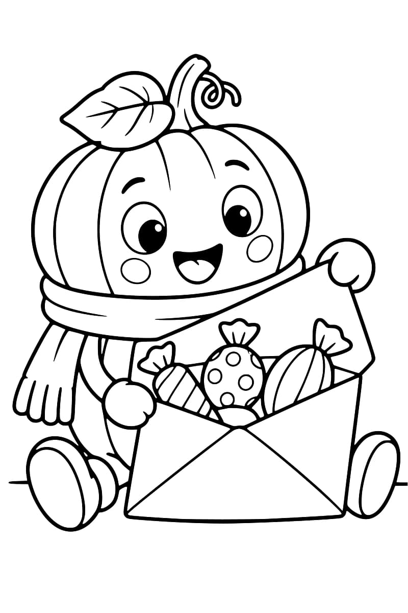 Dessin en noir et blanc d’un personnage à tête de citrouille portant une écharpe, assis derrière une enveloppe ouverte remplie de trois bonbons aux emballages rayés ou à pois.