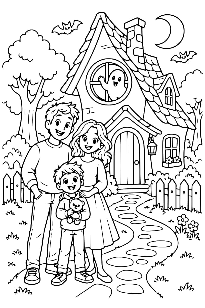 Dessin en noir et blanc d’une famille devant une maison biscornue avec un fantôme à une fenêtre, des chauves-souris, un croissant de lune et des arbres.
