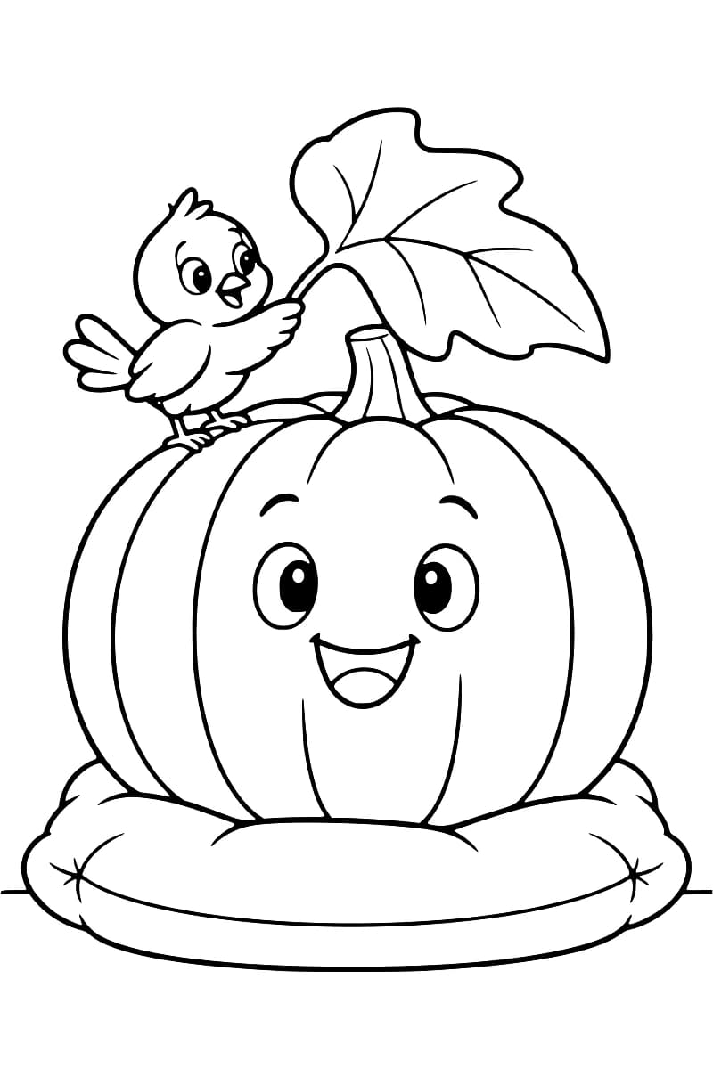Dessin en noir et blanc d’une citrouille souriante posée sur un coussin, avec un oiseau perché sur son côté qui tient la tige d’une grande feuille au-dessus d’elle.