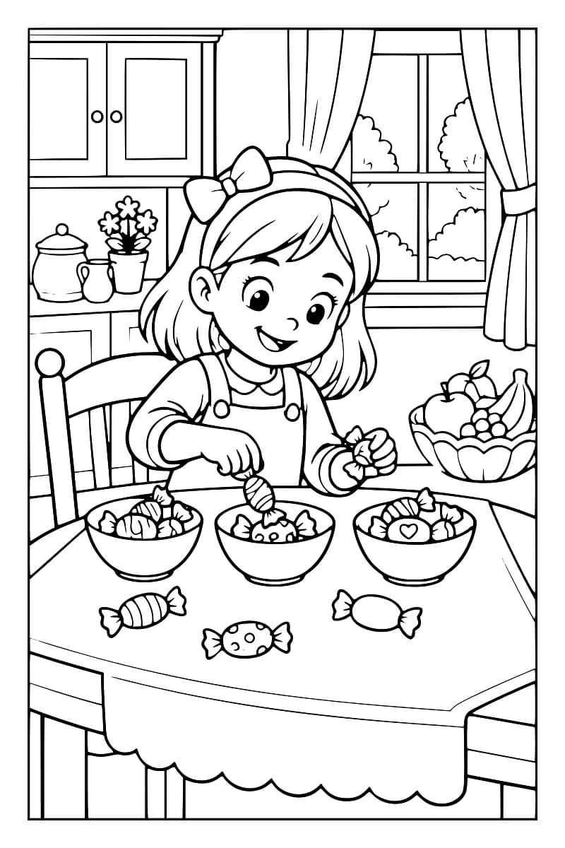 Dessin en noir et blanc d’une fillette assise à table, plaçant des bonbons dans trois bols remplis de friandises.
