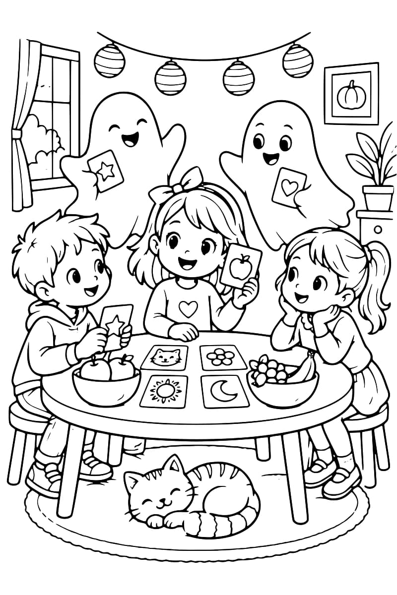 Dessin en noir et blanc montrant trois enfants et deux fantômes autour d’une table, avec des cartes, des décorations d’Halloween et un chat endormi sous la table.