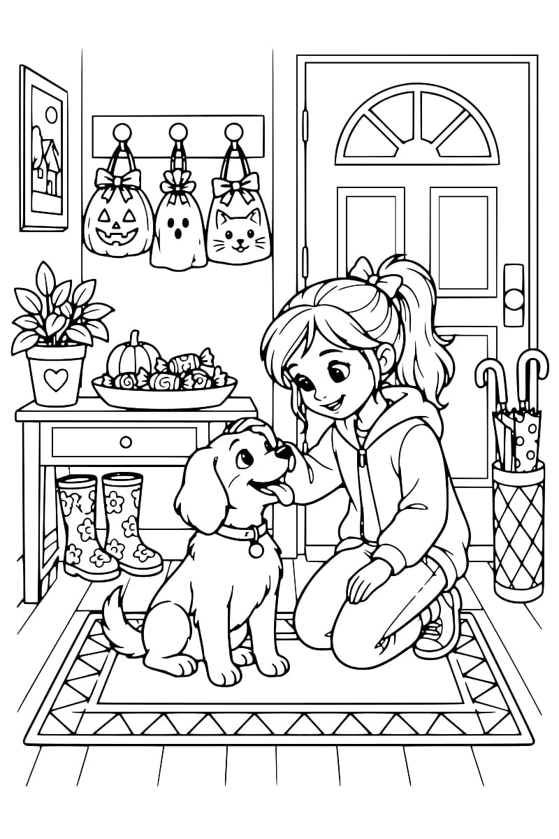 Une fillette agenouillée caresse un chien dans une entrée, avec trois sacs à bonbons suspendus, un plateau de friandises, des bottes décorées et un porte-parapluies.