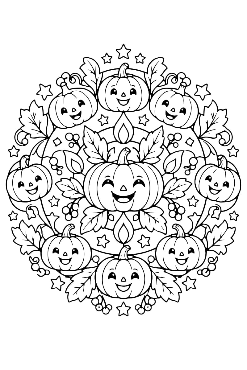 Mandala noir et blanc formé de citrouilles souriantes, de feuillages, de grappes de baies et d’étoiles disposés en cercle.
