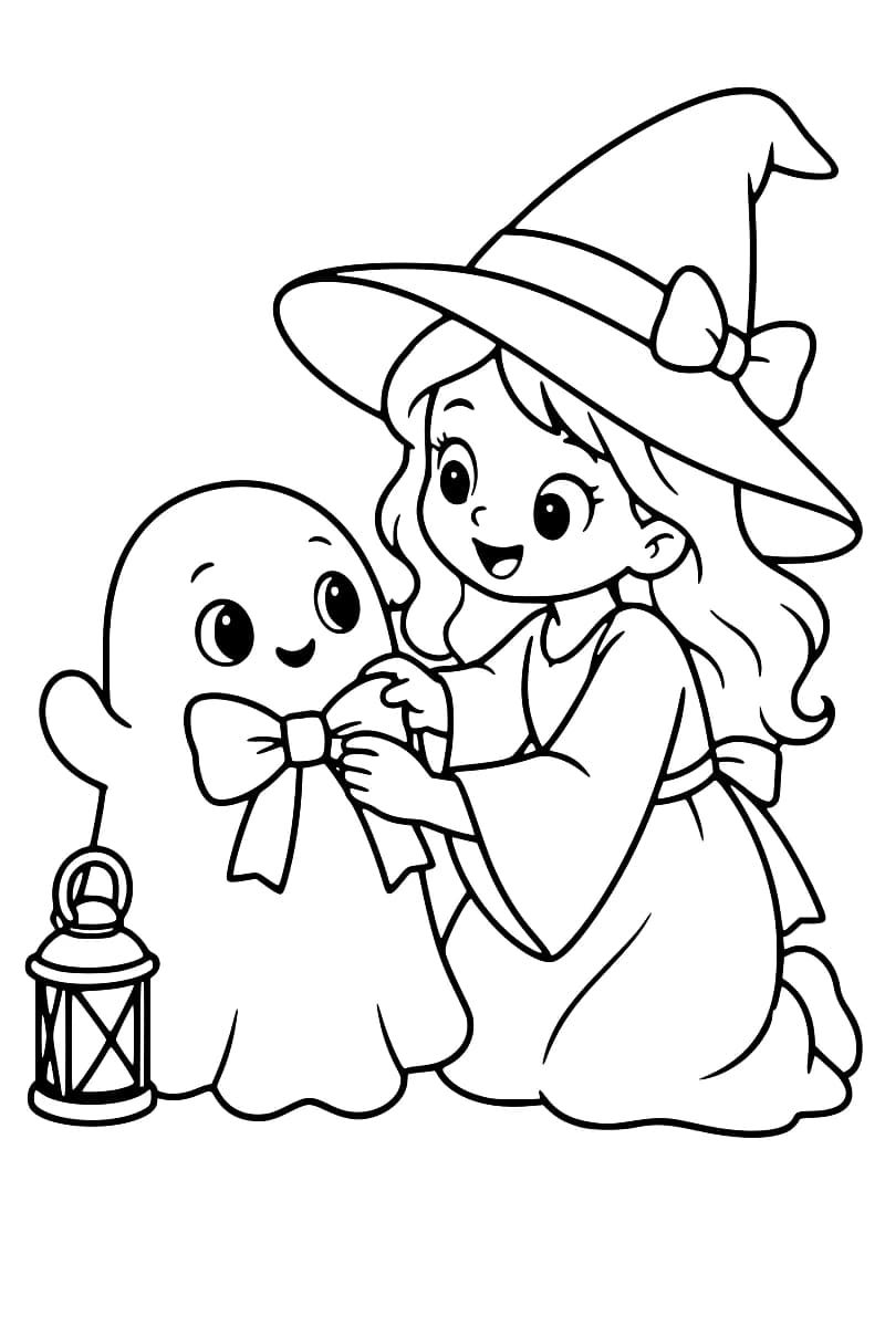 Dessin en noir et blanc d’une sorcière agenouillée, coiffée d’un grand chapeau pointu à nœud, qui ajuste le nœud papillon d’un petit fantôme souriant. Une lanterne est posée au sol à gauche.