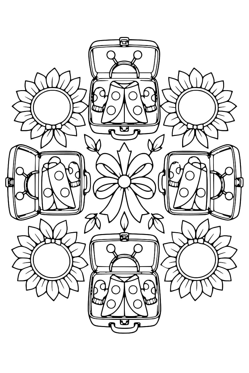 Dessin en noir et blanc composé de quatre valisettes ouvertes contenant des tenues à pois, des moufles et des serre-têtes à antennes, alternant avec quatre cols en forme de fleur autour d’un nœud à rubans.