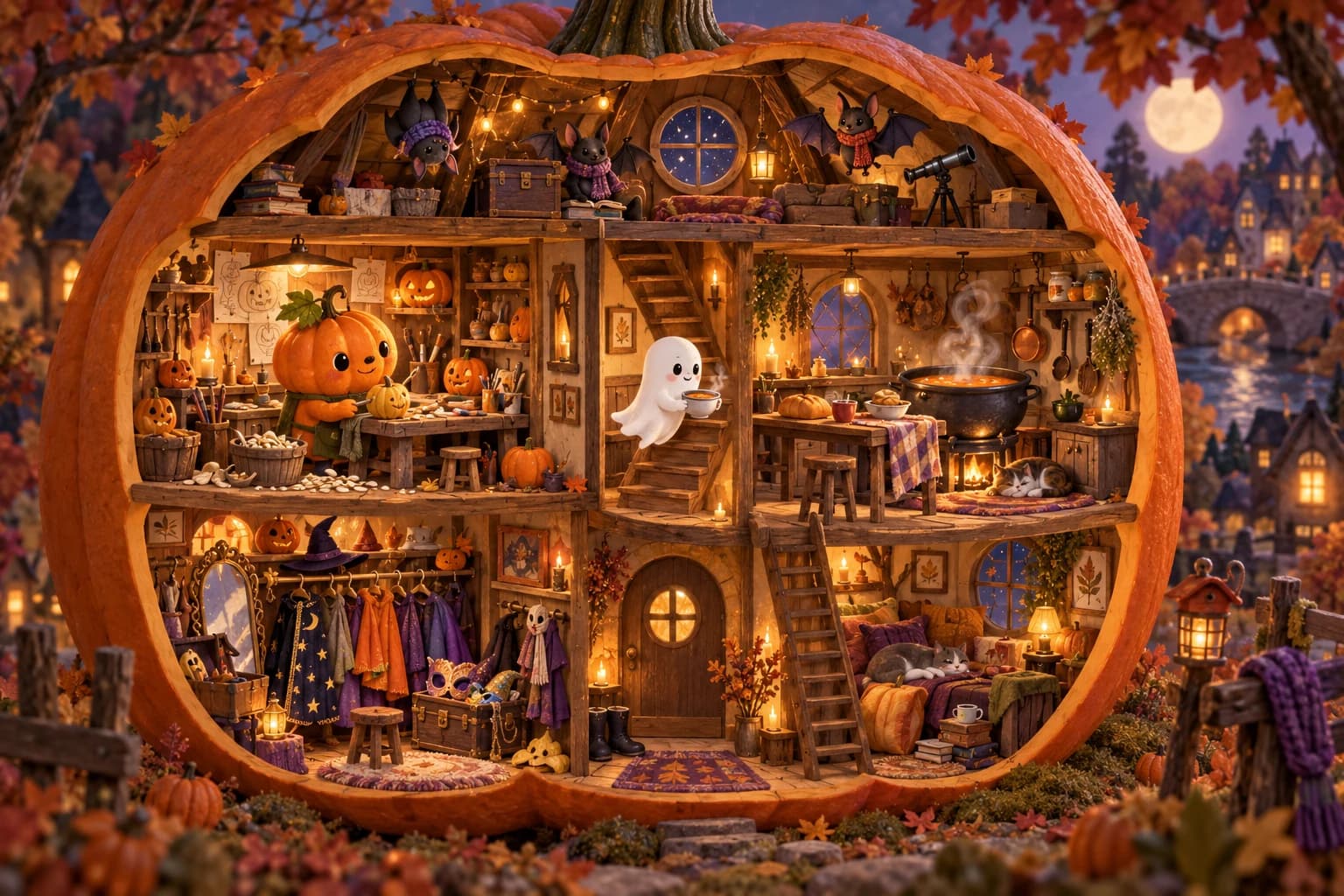 La maison citrouille en coupe, avec ses ateliers et ses lanternes