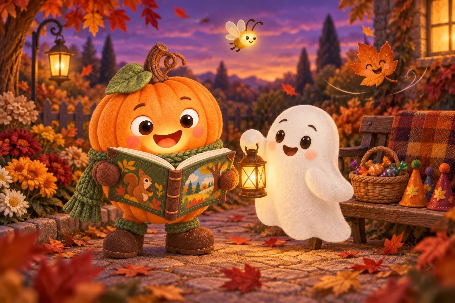 Dans le jardin d’automne au crépuscule, la Citrouille et le Petit Fantôme se tiennent près du banc, entourés de bonbons.