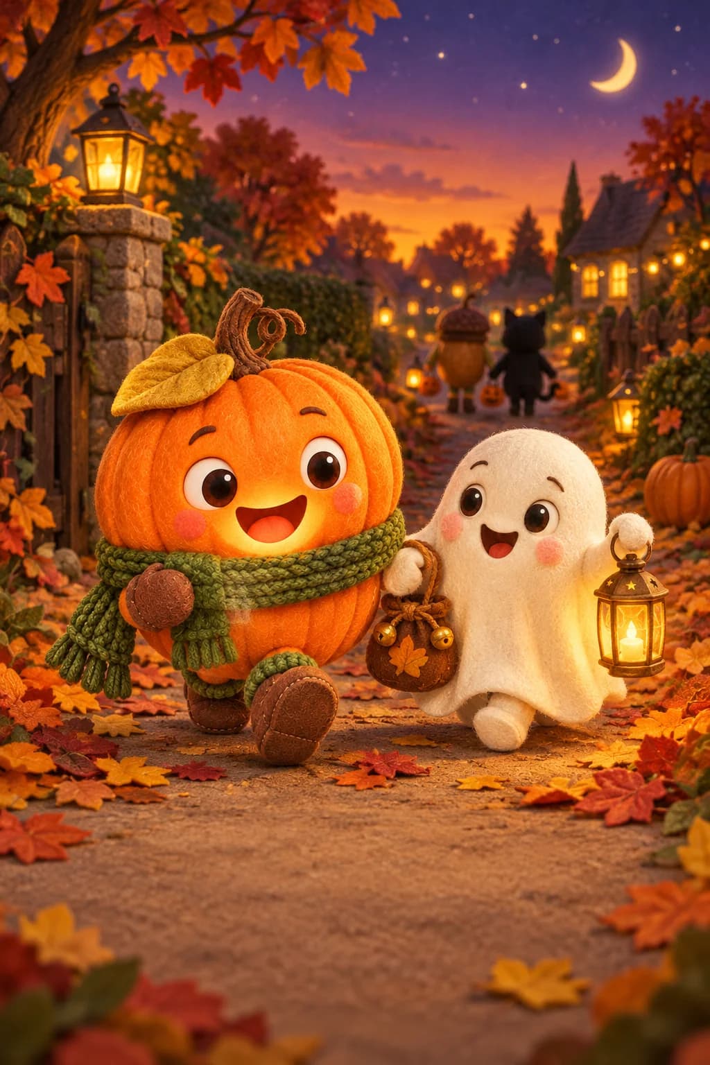 La Citrouille et le Petit Fantôme avancent sous les étoiles, entre portail, feuilles et lanternes.