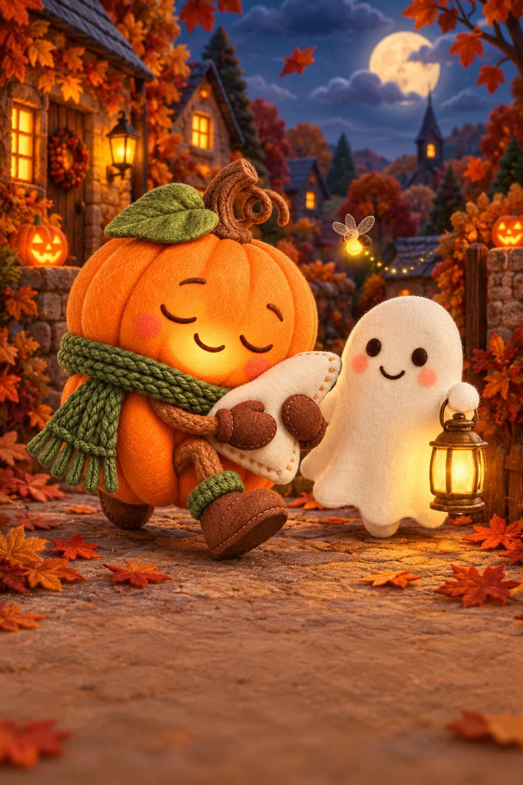 Une citrouille et un petit fantôme avancent sur un chemin d’automne sous une lune fatiguée.