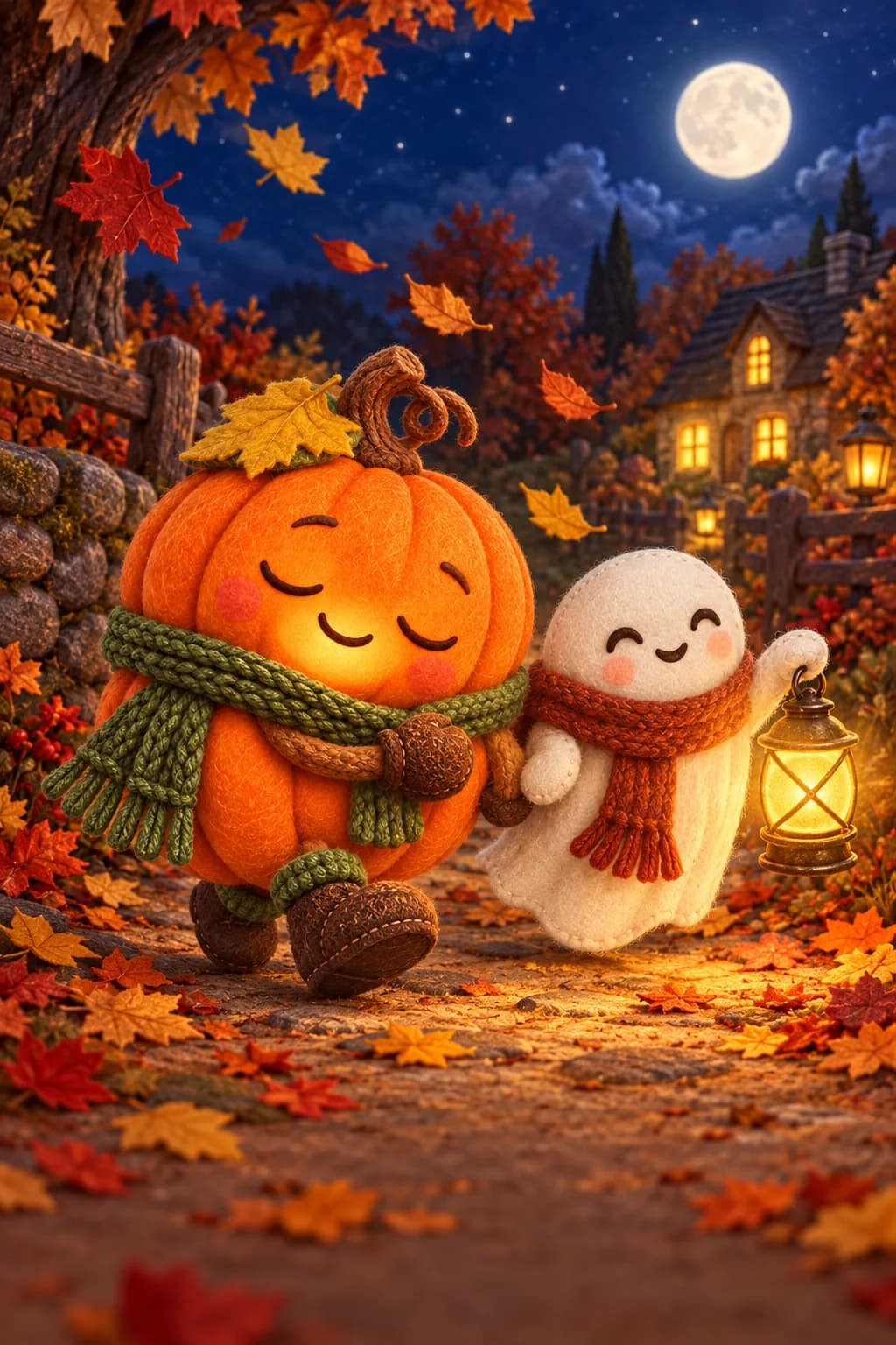 Une citrouille et un petit fantôme avancent sous les feuilles, éclairés par une lanterne dorée.