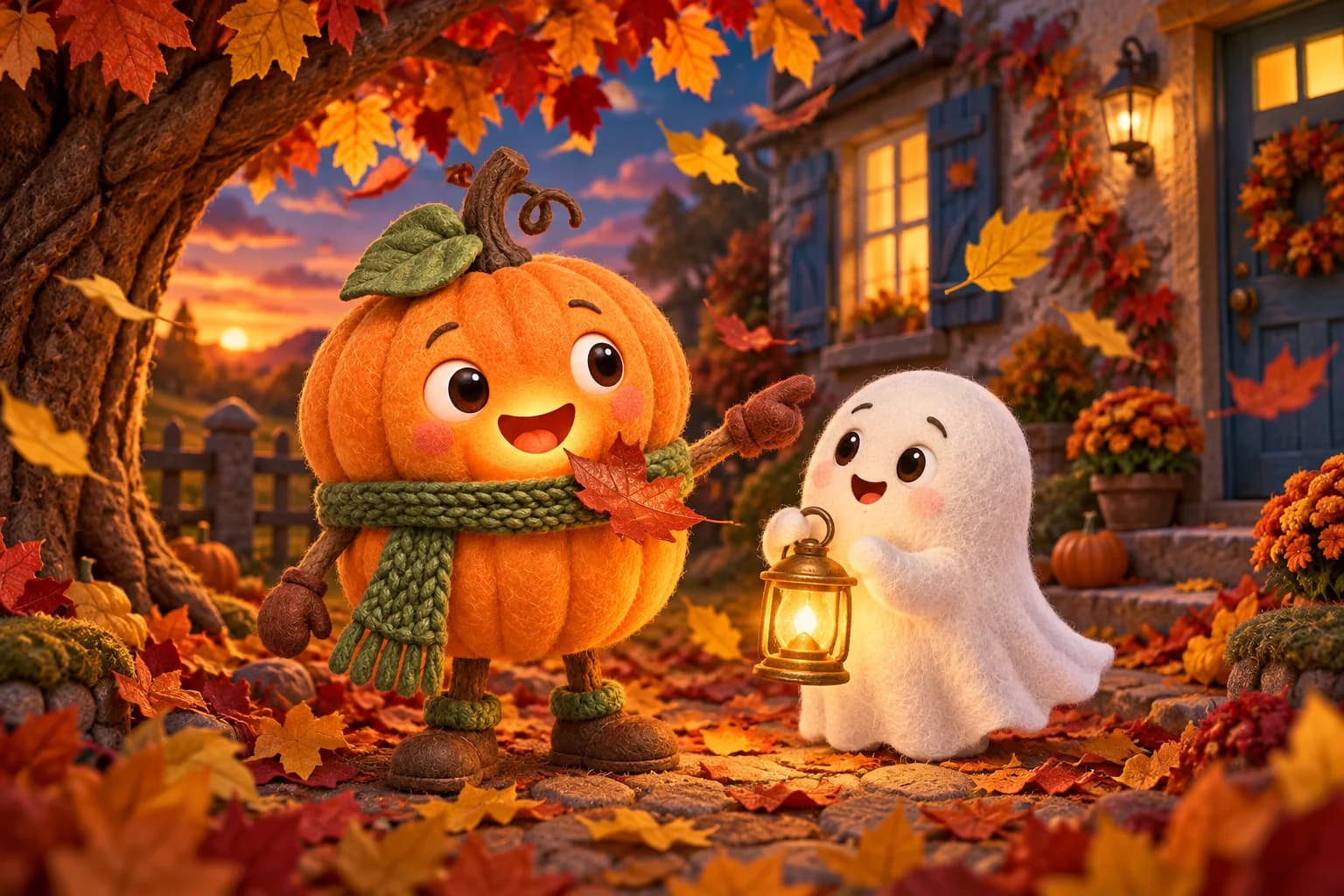 La Citrouille et le Petit Fantôme attendent sous un grand arbre, devant une maison aux volets bleus, parmi les feuilles.