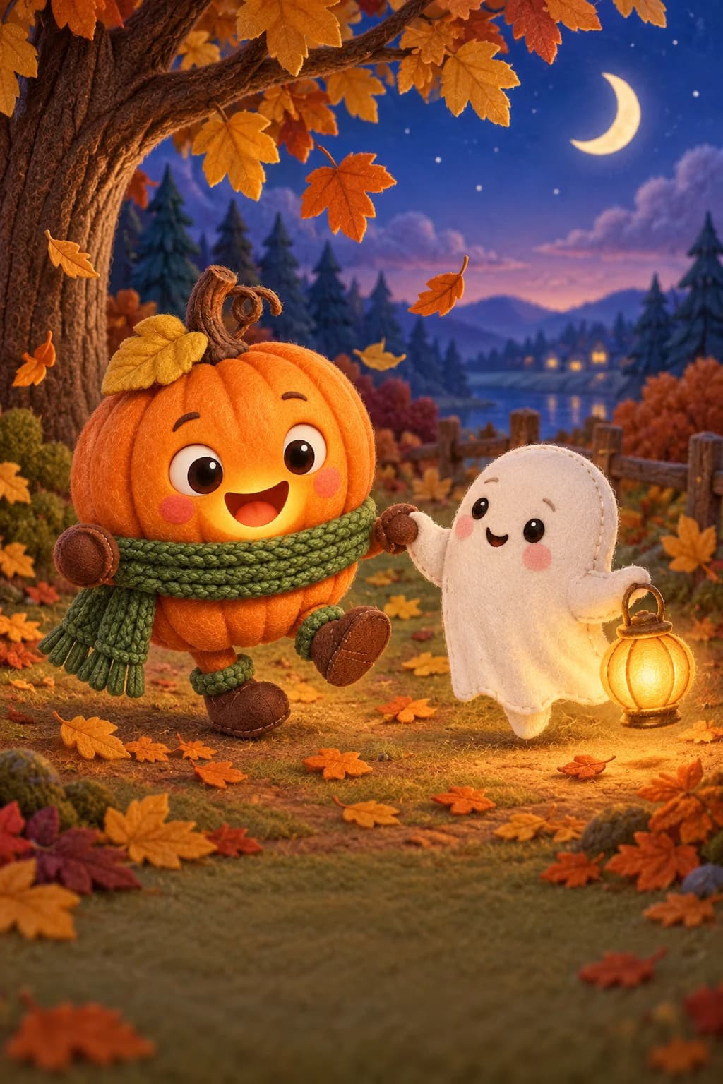 La Citrouille invite le Petit Fantôme à danser parmi les feuilles, près de sa lanterne dorée.