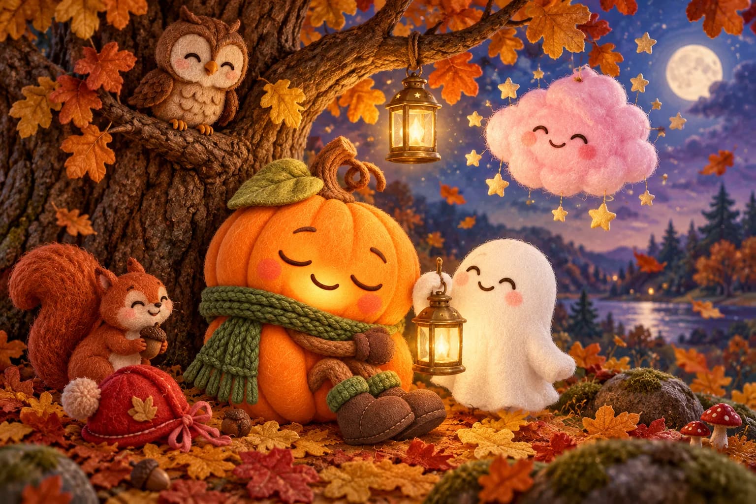 Sous le vieux chêne, la citrouille au chapeau jaune et le Petit Fantôme tiennent une lanterne parmi les feuilles dansantes.