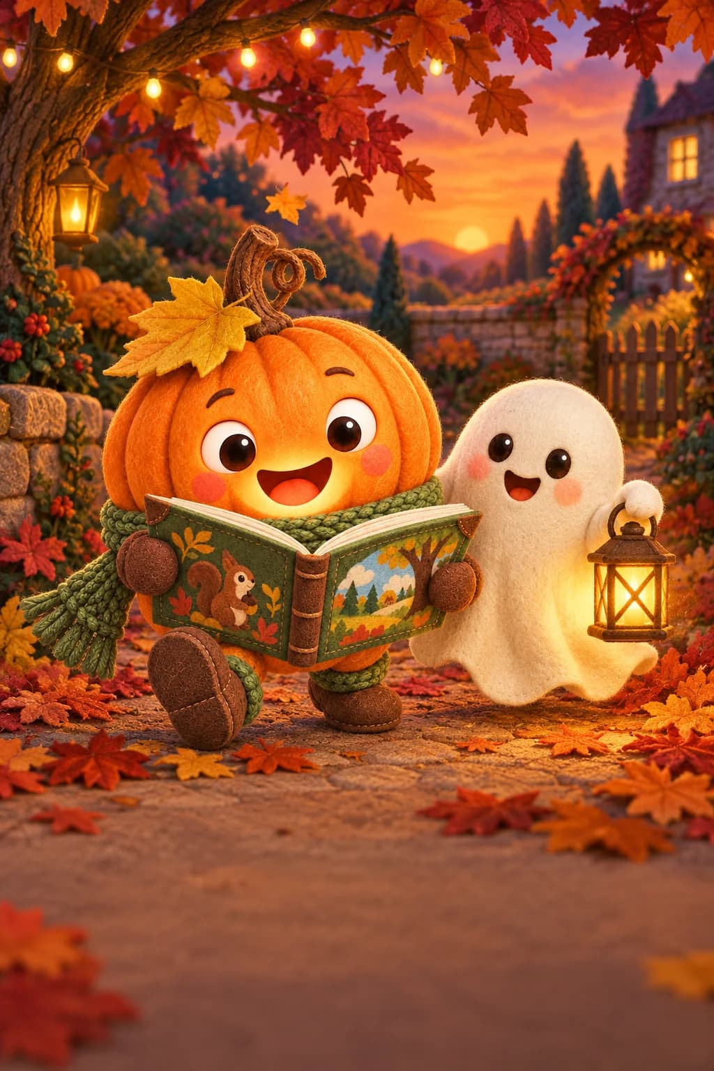 La Citrouille et le Petit Fantôme avancent sous des arbres éclairés de petites lumières dorées.