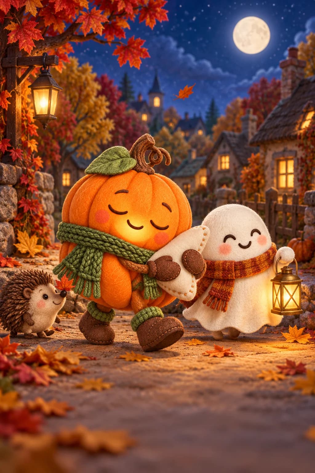 Une citrouille et un petit fantôme avancent sous la lune, suivis d’un hérisson parmi les feuilles.