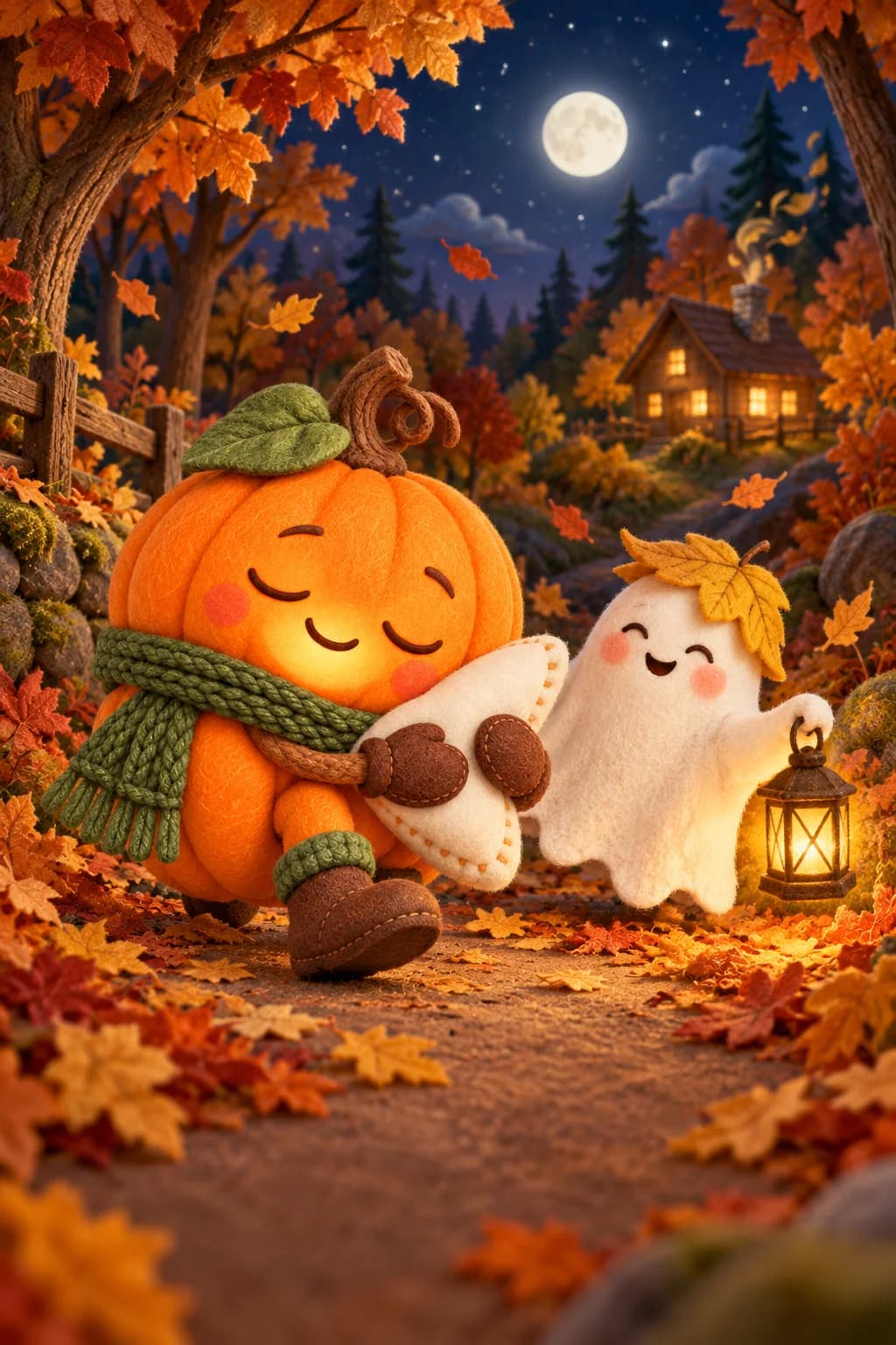 Une Citrouille et un Petit Fantôme avancent vers une cabane éclairée sous les feuilles d’automne.